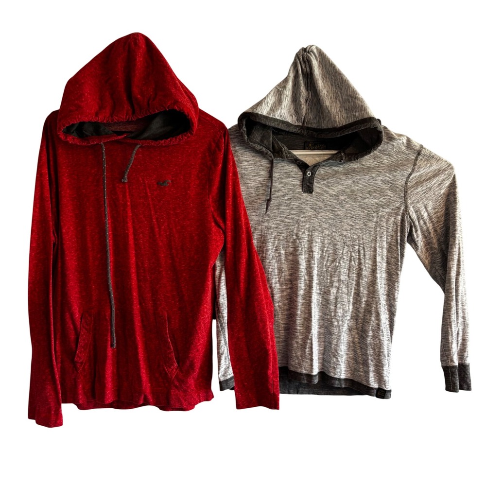 Hollister & Lucky Brand Mens Hoodie Lot Bundle Red Grey Henley Pullover Medium